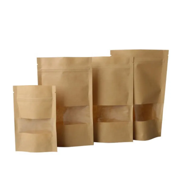 Стоячая застежка-молния, коричневая крафт-бумага, перезаряжаемая, с застежкой-молнией, термосъемная упаковка для хранения продуктов, упаковка дой-Пак, пакет с прозрачным окошком