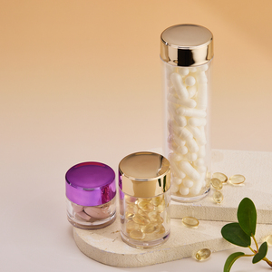 Bocaux cylindriques transparents en acrylique de 30/50/100 ml avec couvercles dorés ou violets, contenants scellés pour l'emballage de vitamines, d'huile de <span class=keywords><strong>poisson</strong></span> et de compléments alimentaires - Product Image 1