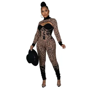 Mono corto de talla grande para mujer, conjunto de dos piezas con estampado de leopardo, corte bajo, malla de terciopelo, sexy, de manga larga