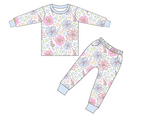 Pastel Floral Printed Kids Bamboo Sleepwear Set, Crew Neck Long Sleeve <strong>Cuffed</strong> <strong>Pyjama</strong> Top and Pants, Gentle Floral Pattern - Product Image 1