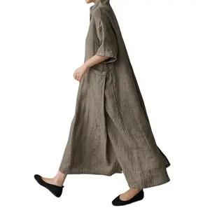 Loose Plus Size Dress Long Over The Knee A-line long dresses women Cotton and Linen Adults casual dresses