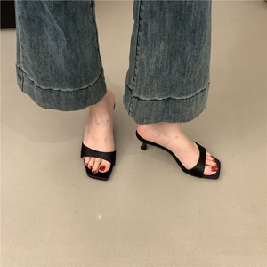 Square Toe High Heel <b>Slides</b> PU Material Slip-On Fashion Trend Summer Women's Shoes Black <b>White</b> Brown Colors - Product Image 5