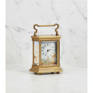 Reloj de Carruaje de Estilo Dorico Hexagonal de Latón Antiguo de Mediados de Siglo, con Repetidor de 8 Días, Esfera Artística Visible y Plataforma de Escape - Product Image 1