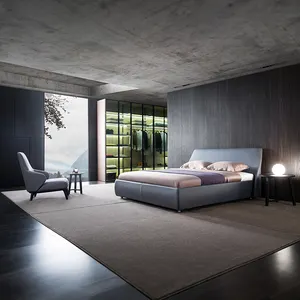 イタリアンラグジュアリーモダングレー布張りベッドフレームキングサイズ木製スラット湾曲プラットフォーム布張りベッド