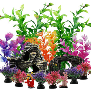 Usine 15 pièces ensemble d'accessoires d'aquarium en plastique <span class=keywords><strong>pour</strong></span> aquarium plantes aquatiques décoratives et résine de corail dans des sacs - Product Image 1