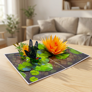 การ์ดกระดาษตัดลายดอกบัว 3 มิติ พร้อมลายแมลงปอ สำหรับตกแต่งบ้าน - Product Image 5