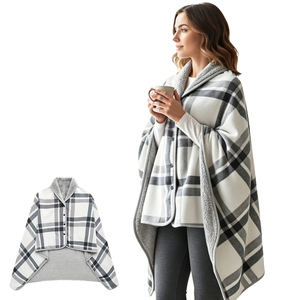 Manta Poncho Ponchó de Polonia, Gris a Cuadros, Forro Sherpa, Tipo Chal, Manos Libres, Acogedora para Invierno, Envío Rápido desde la UE - Product Image 1