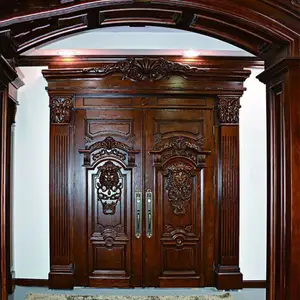 Estilo europeu luxo villa entrada dupla aberta madeira maciça esculpida porta classe personalizado padrão esculpida porta de madeira frontal