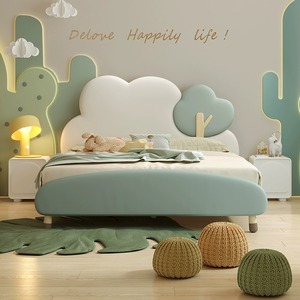 <span class=keywords><strong>Letto</strong></span> Singolo per Bambini in Legno Massello con Design a Nuvola, Adorabile Mobile per la Camera da <span class=keywords><strong>Letto</strong></span> con Struttura e Schienale Rivestiti in Pelle - Product Image 2