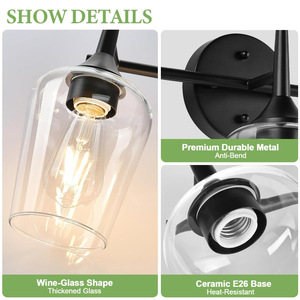 Lámpara de pared industrial de hierro negro con 3 luces y portalámparas E26 para iluminación de espejo en baño y dormitorio - Product Image 4