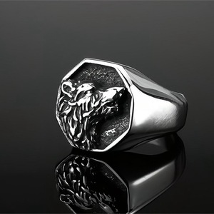 Men's Stainless Steel <b>Ring</b> Wolf Head Embossed Hip Hop Style Animal Geometric Design Gift Jewelry - Product Image 2