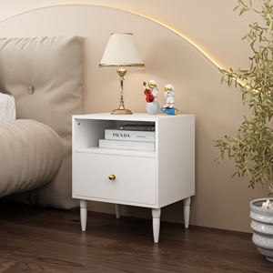 Modern White Nightstand With <b>Drawer</b> And Open Shelf Gold Knob Solid Wood Legs Small Bedside Table <b>For</b> Bedroom - Product Image 4