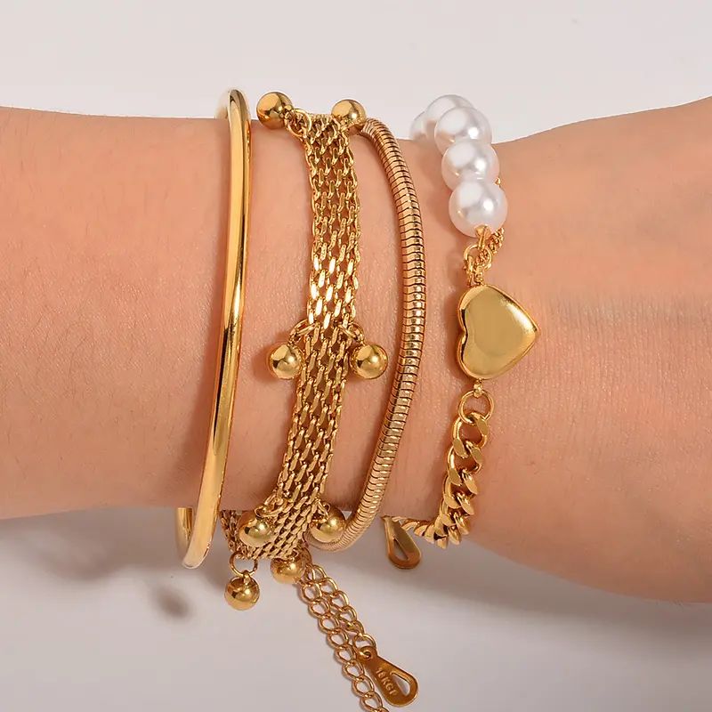 Pulseras simples de acero inoxidable, brazaletes de capa cubana de macramé, cuentas de malla de corazón de perla, pulsera larga tejida de amor