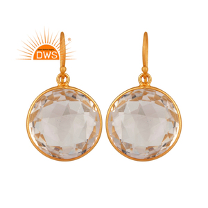 Round Shape Crystal Quartz Gemstone Earrings Wholesale 18k <b>Gold</b> Plated 925 Silver Bezel <b>Set</b> Dangle Earrings Jewelry - Product Image 1
