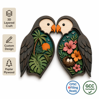 Boîte à ombres personnalisée pour oiseaux exotiques tropicaux |   Scène de palmiers et d'hibiscus découpée au laser en contreplaqué de peuplier multicouche |   Décoration murale suspendue en forme d'oiseau miroir