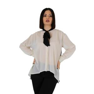 Donna Camicia Beige Nero Long Sleeve <b>Blouse</b> With Black <b>Neck</b> <b>Tie</b> Asymmetric Hem Women's Top - Product Image 3