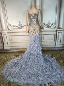 Diamonds Evening Party Dress Sleeveless Gray Feather Tail Long Dresses Women Feather <strong>Robe</strong>