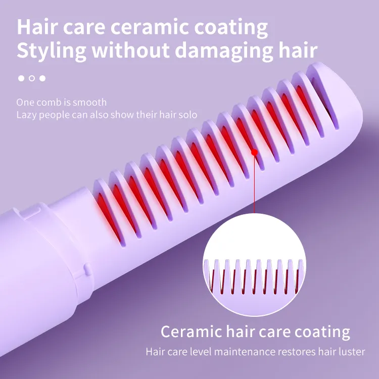 Pente quente sem fio recarregável para mulheres, alisador de cabelo portátil de titânio com tecnologia de íon negativo, mini escova elétrica de calor