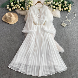 Robes d'été <span class=keywords><strong>élégante</strong></span>s pour femmes manches lanterne mode tempérament taille jupe longue plissée rétro grande balançoire robe à col rond - Product Image 4