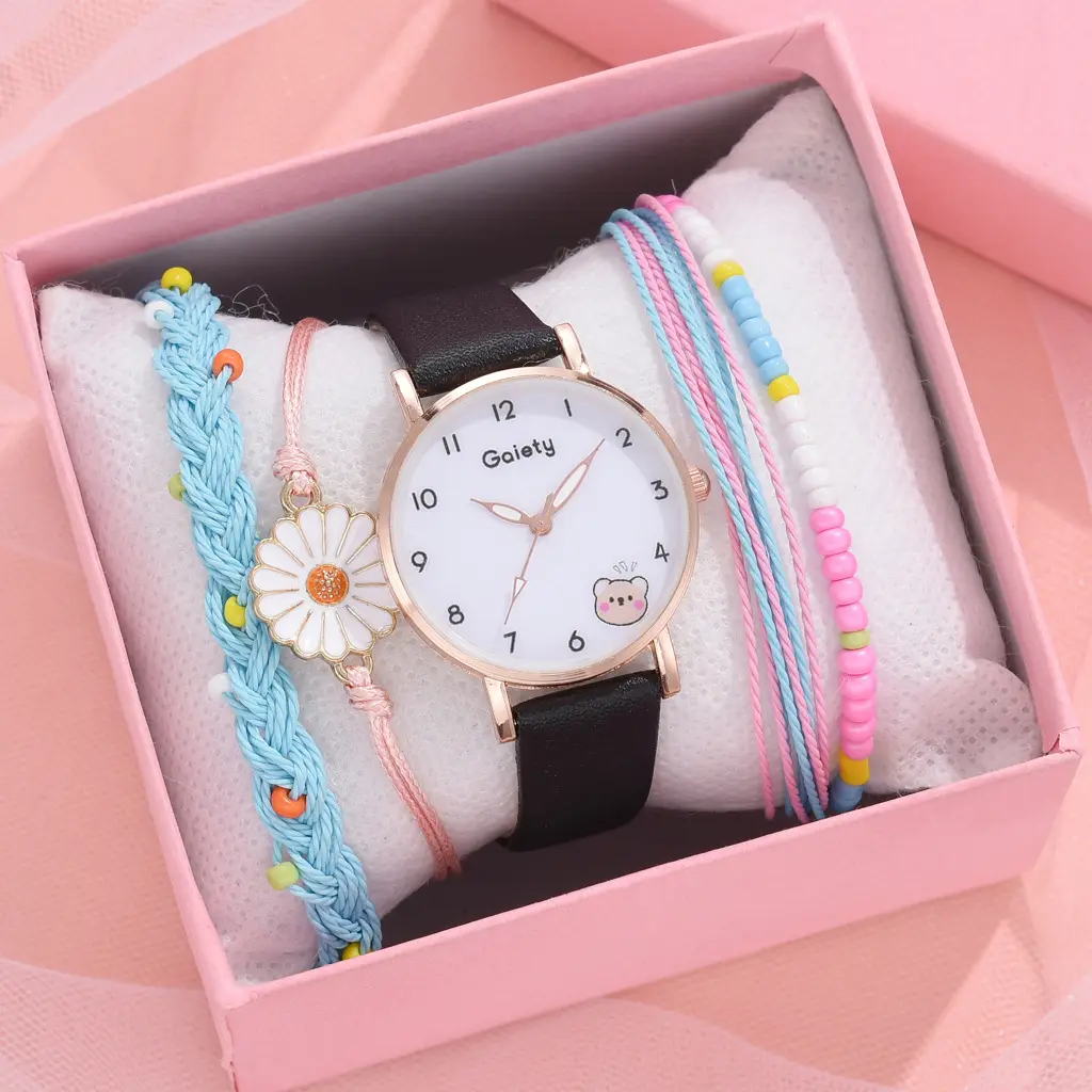 2pcs Set Bracelet Watch For Women Unique Cartoon Pattern Pink Girls Watch Fashion Leather Ladies Clock Reloj Mujer