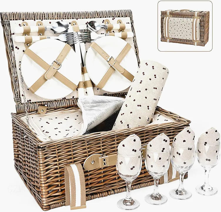 Wicker Và Xử Lý Cách Nhiệt Willow Mây Handmade Gỗ Tự Nhiên Nắp Hamper Giỏ Với Nắp Đậy Xử Lý Dã Ngoại Giỏ