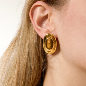 Tiger's Eye <b>Stud</b> Earrings 18K Gold Plated <b>Titanium</b> Steel Oval Geometric Party Jewelry Bezel Setting Stainless Steel Posts - Product Image 2