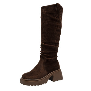 Women's Below-Knee Long Boots, 2026 New Tassel Ruched Slouchy Boots <b>Block</b> Heel Woven Mid-Calf Rider Boots - Product Image 5