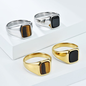 Unisex <b>Titanium</b> Steel <b>Ring</b> With Tiger's Eye Geometric Square Index Finger <b>Ring</b> For Gift - Product Image 1