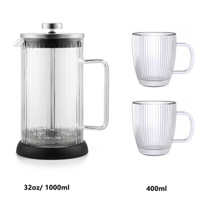 Coffret Cadeau Emode : Presse à Café à Parois Céramiques Cannelées & 2 Tasses à Café à Parois Céramiques Cannelées <span class=keywords><strong>de</strong></span> 400 ml, Ensemble <span class=keywords><strong>de</strong></span> Cafetière et Théière à Rayures Verticales - Product Image 6