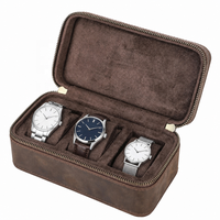 Étui de voyage pour montres en cuir Crazy Horse à 3 emplacements, boîte de rangement portable à fermeture éclair avec compartiment à bijoux pour montres-bracelets pour hommes