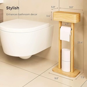 Floor-standing wooden <b>tissue</b> holder with lid, upright phone storage rack, bathroom toilet <b>paper</b> holder with base. - Product Image 3