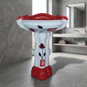 Lavabo sur pied carré en céramique rouge décoratif grande taille pour salle de bain, centre commercial, villa et hôtel - Product Image 5