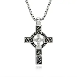 Stainless Steel Celtic Cross Necklace for Men Double Sided Celtic Cross Irish Knot Prayer Pendent Necklace