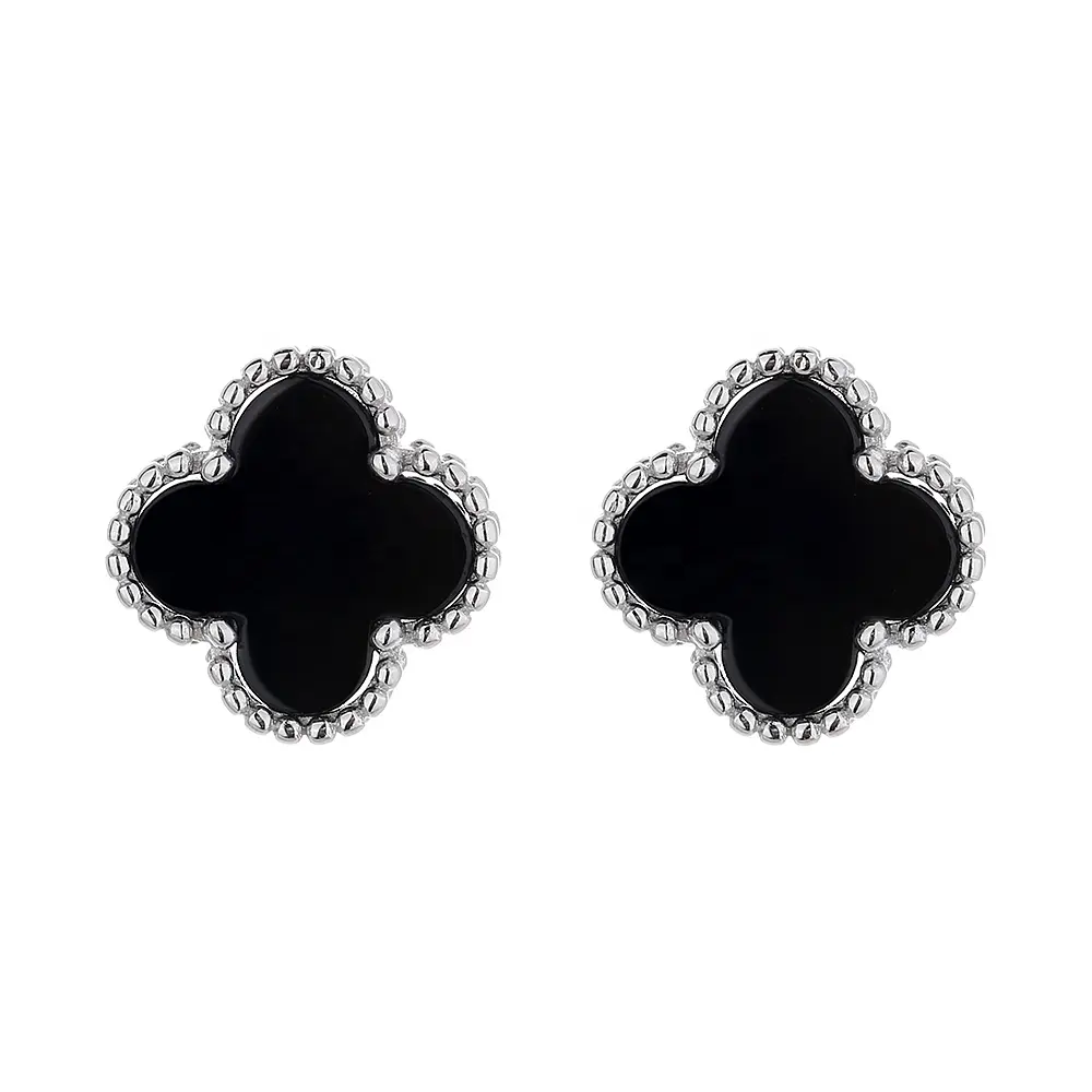 Jewelry Lucky 925 Sterling Silver Va Black Agate Mother of Pearl Clover Stud Earrings for Women