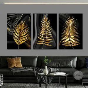 لوحات زيتية للزينة الحائطية بأشكال اسكندنافي وطباعة أوراق الشجرة الذهبية باللون الأسود على قماش الكتان برسومات أوراق النباتات الاستوائية صور ديكور المنزل