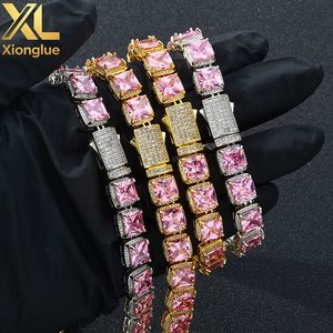Pink Gemstone Tennis <b>Chain</b> Bracelet Micro Pave Zircon Bling Necklace 18K Gold Plated Copper Hip Hop <b>Rapper</b> Jewelry Set - Product Image 5