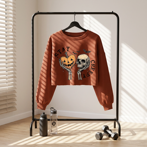 Hot Selling <b>Women's</b> Halloween Crop Sweatshirt Orange Pumpkin <b>Skull</b> Print O-Neck Long Sleeve Casual <b>Top</b> Autumn Wear - Product Image 2