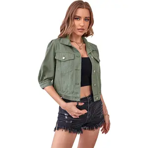 New design green denim jacket women high quality flap pocket denim puff sleve jacket women