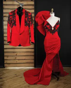 بدلة رسمية فاخرة بتصميم منتظم لحفلات التخرج وحفلات الزفاف بدلة سهرة حمراء فاخرة مع تفاصيل كريستال أسود