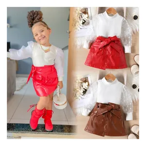 Ms-5 Baby Dresses Set White Long Sleeve Top +Leather 2 Piece Baby Girl Clothing Sets Mini Skirts Luxury Kids Dresses for Girls