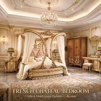 Ensemble de meubles de chambre principale de grande villa, lit double, armoire et table de chevet couleur or champagne pour la maison