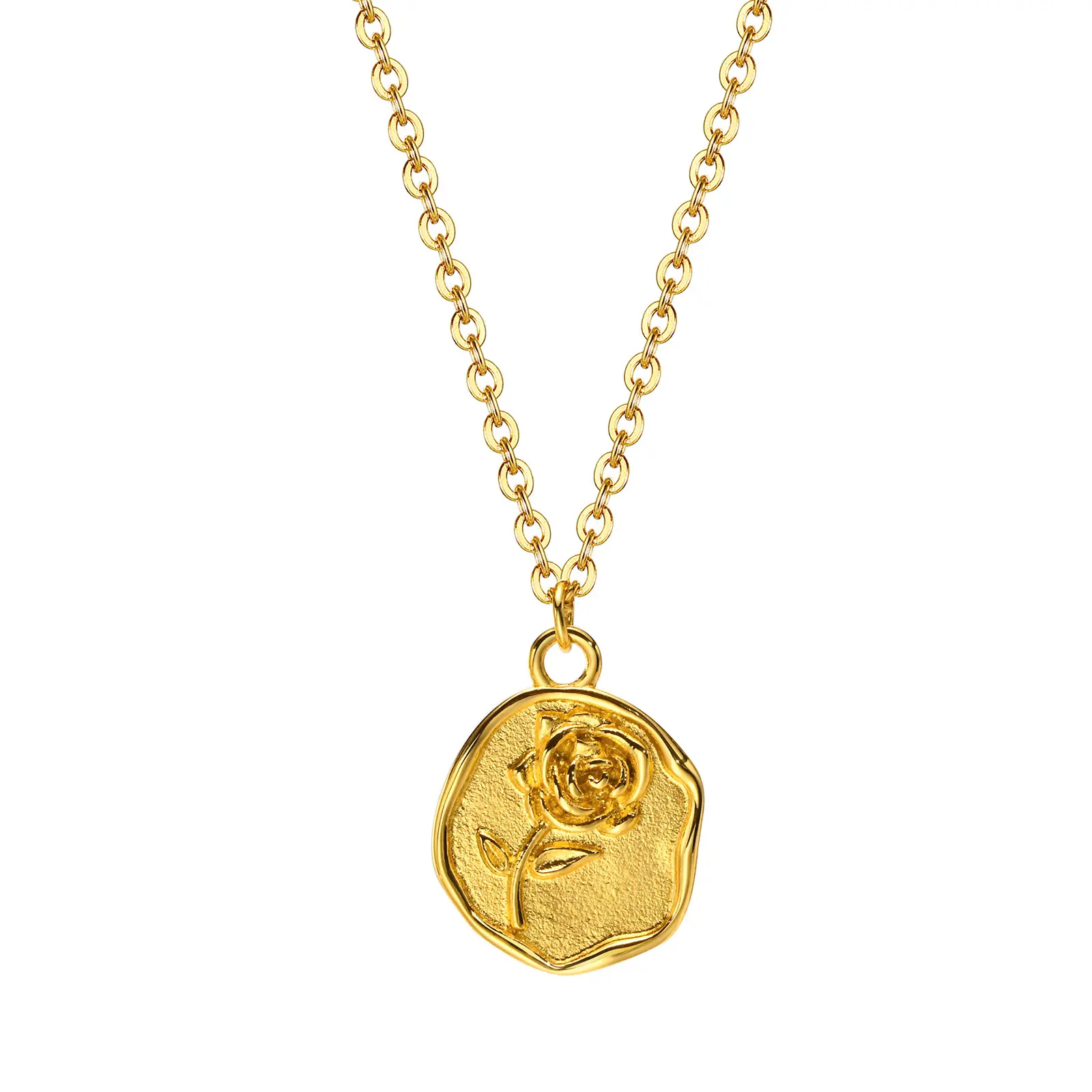 Idun – accessoires plaqué or, pendentif fleur de Rose en relief, collier en acier inoxydable résistant à la décoloration, collier de pièces de Rose