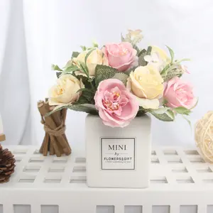 Mini flores artificiais de cerâmica, rosas brancas rosa falsas para decoração de mesa, em vasos de cerâmica, seda em vasos, SN-T10012