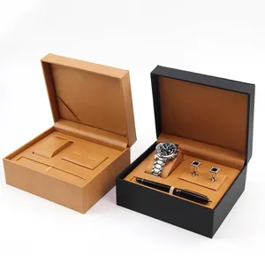 Relógio de couro pu de alta qualidade, links de punho e caixa de armazenamento de caneta para jantares e presentes