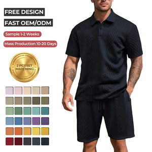 Set Estivo da Uomo Personalizzato all'Ingrosso, 2 Pezzi, <span class=keywords><strong>Polo</strong></span> in Maglia Jacquard Texturizzata e Pantaloncini Abbinati, Completo Casual Maschile - Product Image 1