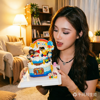 Gâteau d'anniversaire en blocs de construction chinois, boîte à musique, jouet d'assemblage fait main pour filles, cadeau de Saint-Valentin et de Qiti