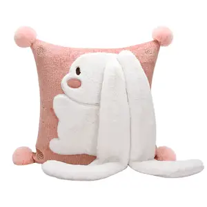 AIBUZHIJIA 2023 Kids Pink Rabbit Cushion Cover Animal Pillow Cover Hairball Decoration Applique Embroidery Pillowcase