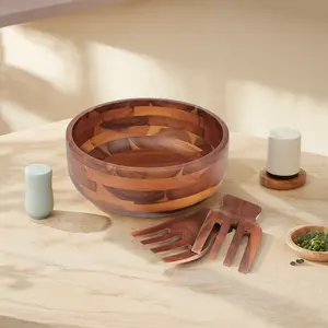 Set mangkuk salad kayu Acacia, set mangkuk salad dengan 2 tangan kayu besar dengan peralatan melayani