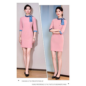 Pink Mandarin Collar Sheath Dress Women Three Quarter Sleeve Solid Color Professional Career Workwear - Product Image 4