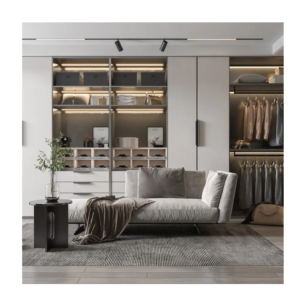 Furnitur kustom mode terbaru lemari pakaian ganda kayu Solid Fitting lemari praktis desain mewah dengan lampu dan perangkat keras kuningan